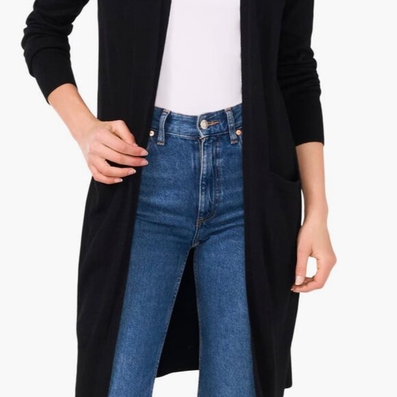 Halogen Open Front Pocket Cardigan Large Black Long‎ Line Cashmere Blend - Picture 1 of 7